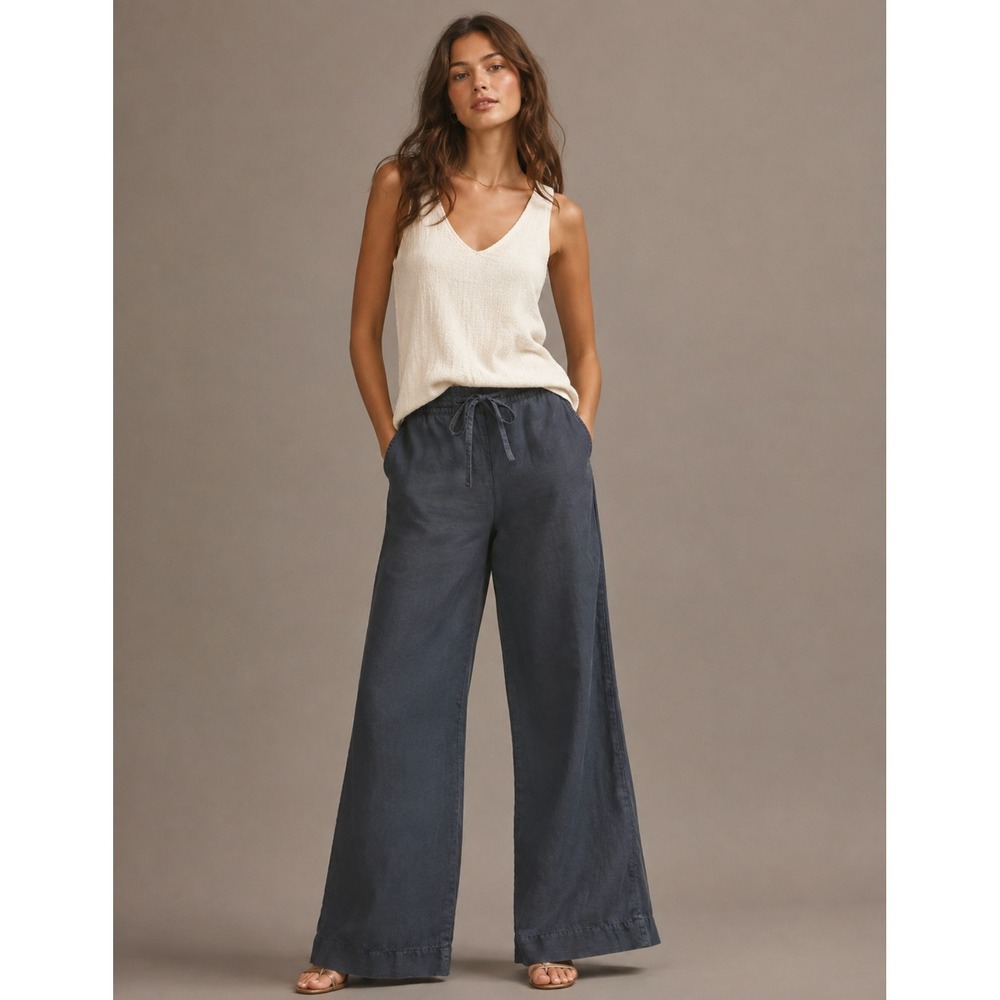 French Connection Wide Leg 100% Linen Pants 4 Blue Drawstring Coastal Boho Vacay
